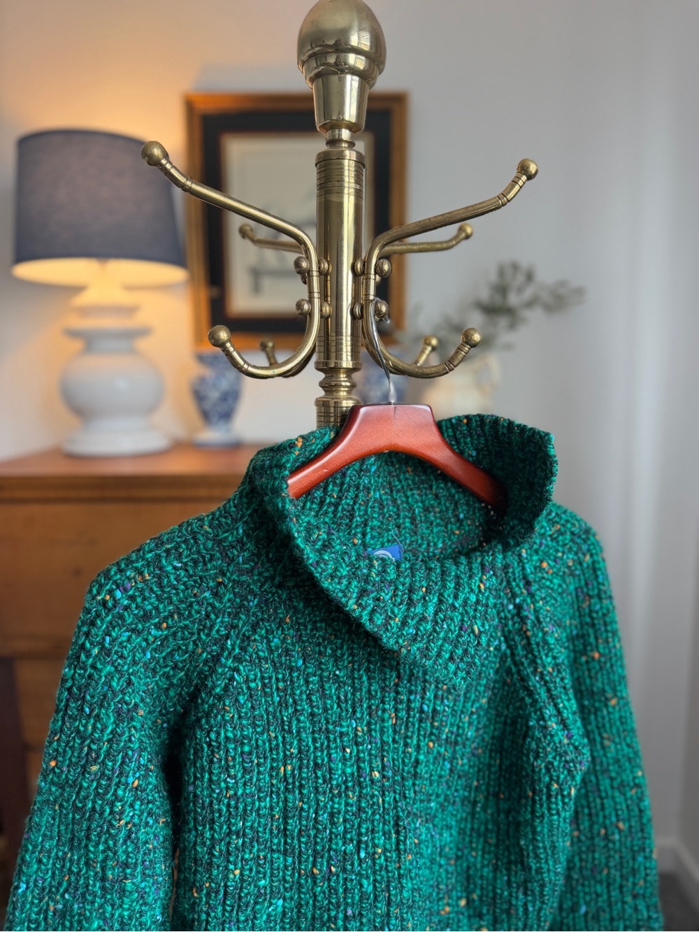 Vintage GAP 100% Wool Women's Forest Green Tweed Funnel-Neck Sweater